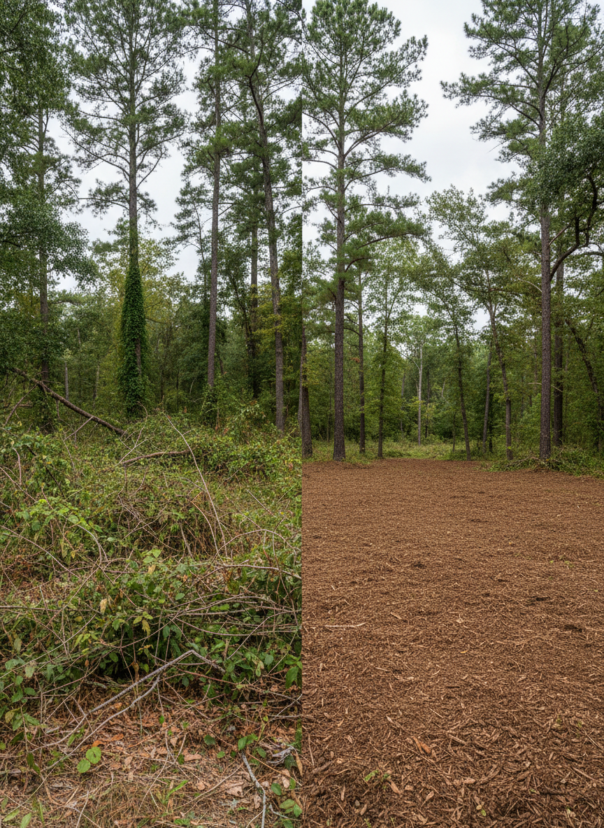 A large rural property in Greater East Texas shown in a split-view composition: on the left, dense, tangled brush and saplings crowd the ground; on the right, the same area after expert land clearing, with clean, open sightlines between mature trees and level, mulched ground. Photographic realism with a balanced, eye-level composition and a subtle diagonal division between the two conditions. Bright, diffused midday light from an overcast sky eliminates harsh shadows, emphasizing detail and clarity. The atmosphere is confident and precise, highlighting the transformation possible through professional land management. Colors are natural and authentic—deep greens, rich browns, and muted tans—communicating trustworthiness and technical competence.