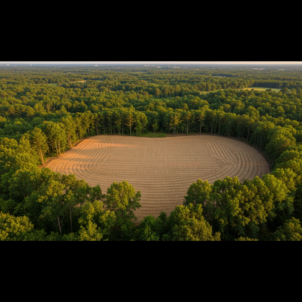 A wide, panoramic view of a newly cleared homesite pad carved out of a gently rolling East Texas property. The central area is level, clean, and free of stumps or debris, with a subtle grid of machine tracks pressed into the soil, indicating recent professional work. Around the perimeter, a deliberate ring of healthy mature trees is preserved, framing the open space and suggesting future construction. Photographic realism from a slightly elevated drone-like vantage point, with sharp detail from foreground to background. Late-afternoon, golden-hour sunlight casts warm, directional light, enhancing contours in the ground and the vibrant greens of the surrounding forest. The overall mood is optimistic, orderly, and forward-looking, ideal for showcasing land preparation before building.