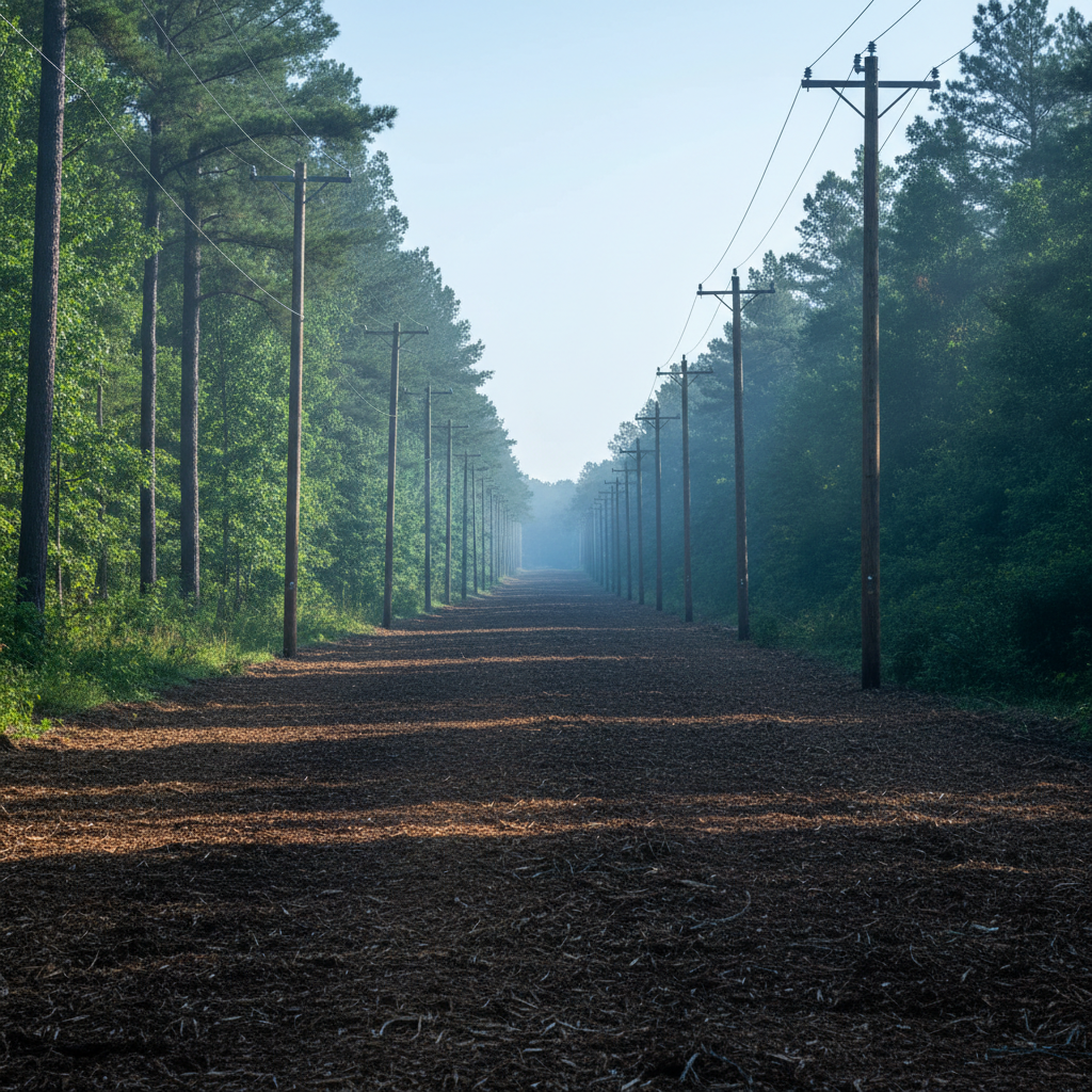 A meticulously maintained right-of-way corridor stretching into the distance, bordered by evenly spaced utility poles. The corridor floor is a smooth band of mulched vegetation, with no tall brush encroaching near the lines. On either side, dense East Texas forest stands in orderly contrast, clearly separated from the cleared path. Photographic realism with a low, centered composition emphasizing depth and perspective as the corridor narrows toward the horizon. Early morning light creates a cool, crisp atmosphere with long, gentle shadows from the poles and trees. The mood is professional, safe, and controlled, conveying reliability in ongoing right-of-way maintenance and long-term land stewardship.
